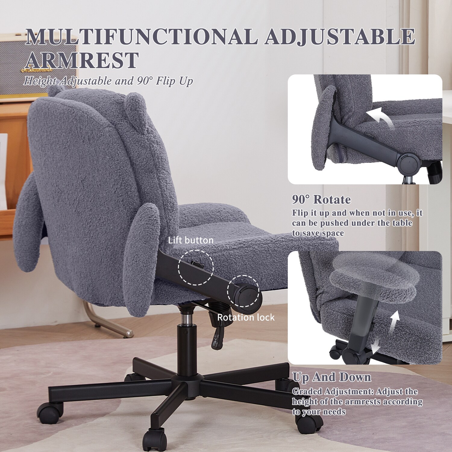 Sunchen Criss Cross Chair With Wheels And Arms, Cross Legged Office Chair With Wide Seat, Adjustable Cute Comfy Desk Chairs For Home Office, Bedroom, Vanity, Grey_maomaolike.com